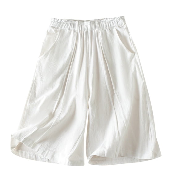 pstuiky Summer Dresses , Women Summer Cotton and Linen Shorts Solid Color Button Shorts with Pockets Leisure White XXL