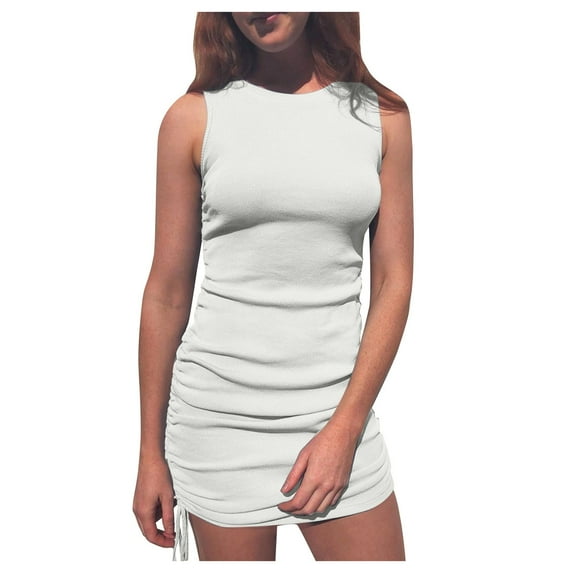 Up to 60% Off! pstuiky Summer Dresses for Women, Women's Solid Color Sleeveless Crew Neck Dress Slim Pleated Thread Sales Today Clearance White S