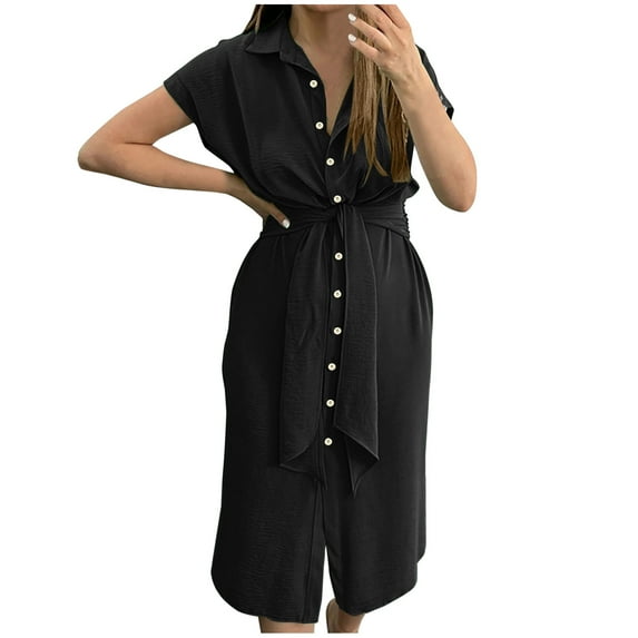 Up to 60% Off! pstuiky Womens Dresses, Women Short-Sleeved Lapel Dress Solid Color Lace-Up Dress Button up Shirt Dress Leisure Black S