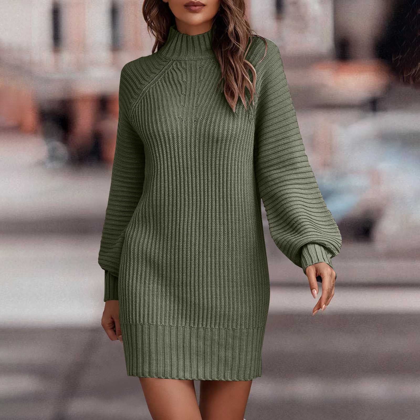 Pstuiky Womens Dresses, Women Sweater Dress Long Sleeve Crew Neck Dress Knee-Length Dress Leisure Army Green S