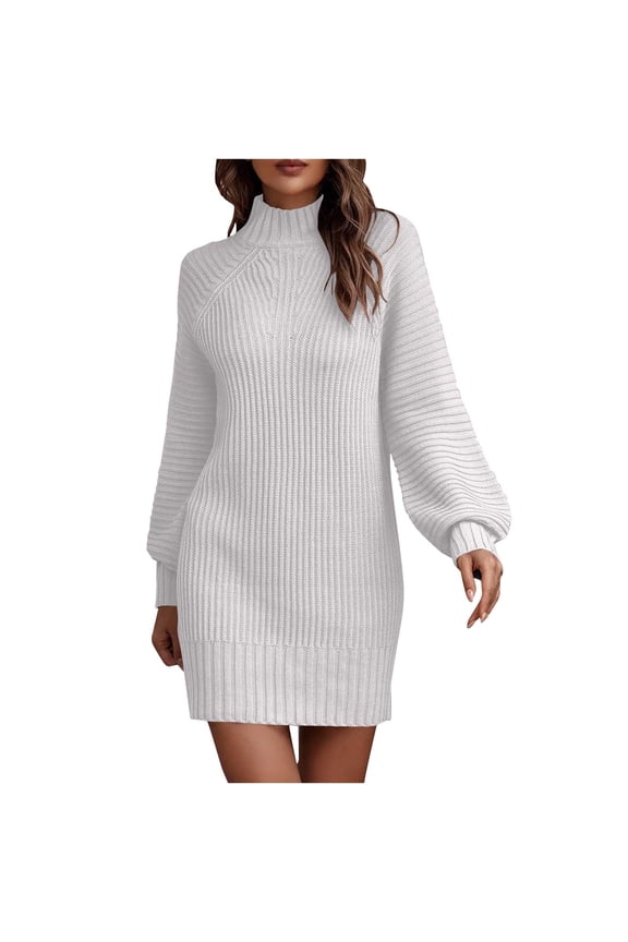 Womens Dresses, Women Sweater Dress Long Sleeve Crew Neck Dress Knee-Length Dress Leisure White S