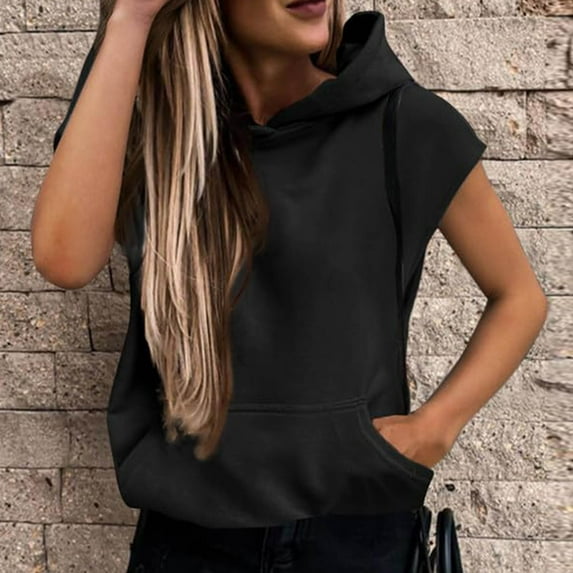 Up to 60% Off! pstuiky Womens Sweatshirt, Women Sleeveless Hoodie Solid Color Crewneck Hoodie Oversized Sweatshirt with Pockets Leisure Black XXL