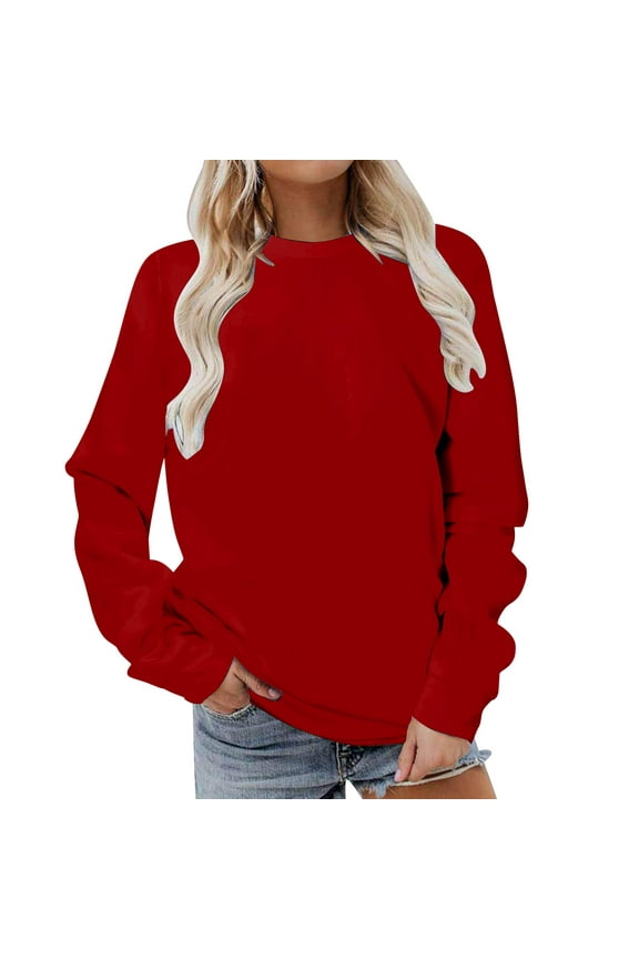 Womens Sweatshirt, Women Sweatshirt Long Sleeve Sweatshirt Solid Color Crew Neck Pullover Oversized Sweatshirt Leisure Wine S