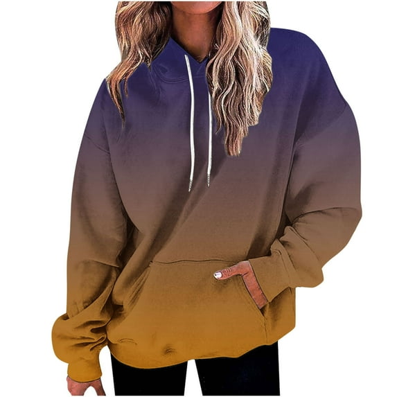Up to 60% off Blouses for Women Women's Winter Gradient Printed Plush Casual Long Sleeved Hooded Sweater, Coffee L
