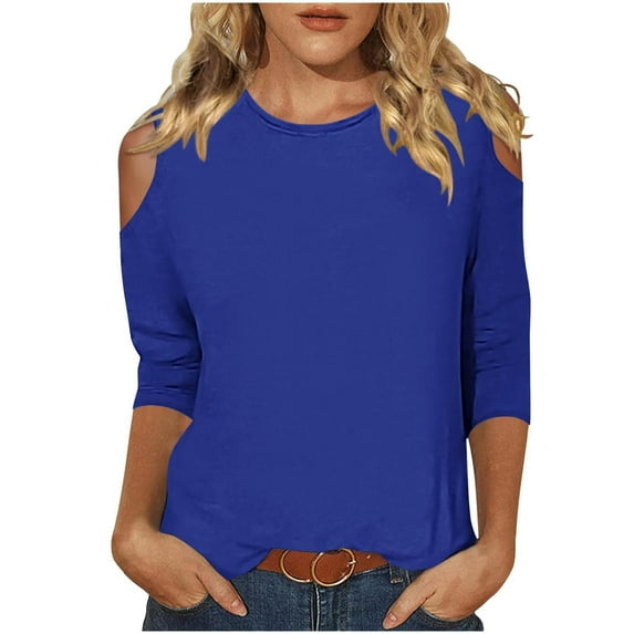 Up to 60% off Fall 3/4 Sleeve Shirts for Women Fashionable Women's Casual 3/4 Sleeve Round Neck Solid Color Off Shoulder Top, Blue XXL