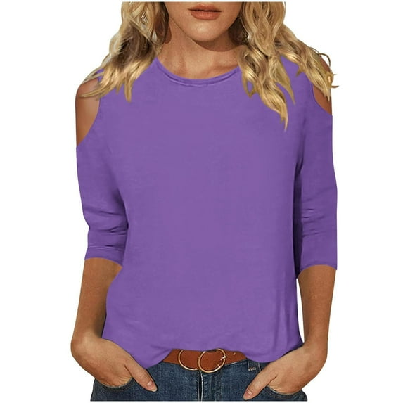 Up to 60% off Fall 3/4 Sleeve Shirts for Women Fashionable Women's Casual 3/4 Sleeve Round Neck Solid Color Off Shoulder Top, Purple XL