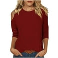 thumbnail image 1 of Up to 60% off Fall 3/4 Sleeve Shirts for Women Fashionable Women's Casual 3/4 Sleeve Round Neck Solid Color Off Shoulder Top, Wine S, 1 of 6