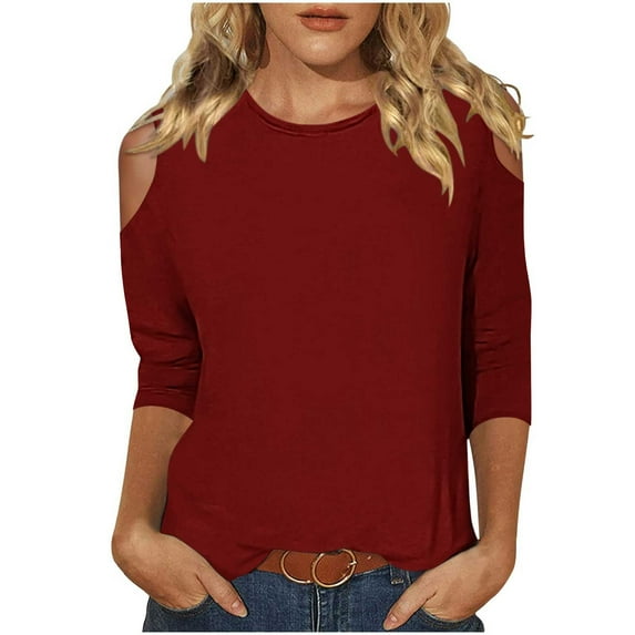Up to 60% off Fall 3/4 Sleeve Shirts for Women Fashionable Women's Casual 3/4 Sleeve Round Neck Solid Color Off Shoulder Top, Wine S