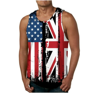 USSUMA Cotton Tank Top Men Sleeveless Crewneck Beach Tank Tops for Men American Flag Stars Stripe Big and Tall Tee Tops Red,L