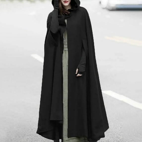 Up to 60% off!Homenesgenics Plus Size Women Fall Solid Hooded Button Cloak Split Fork Woolen Coat Long Black L
