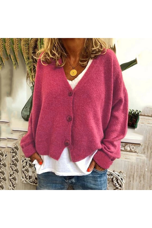 Up to 60% off!Homenesgenics Plus Size Women's Button Solid Knit Sweater Cardigan Long Sleeved Jacket Pink XXL