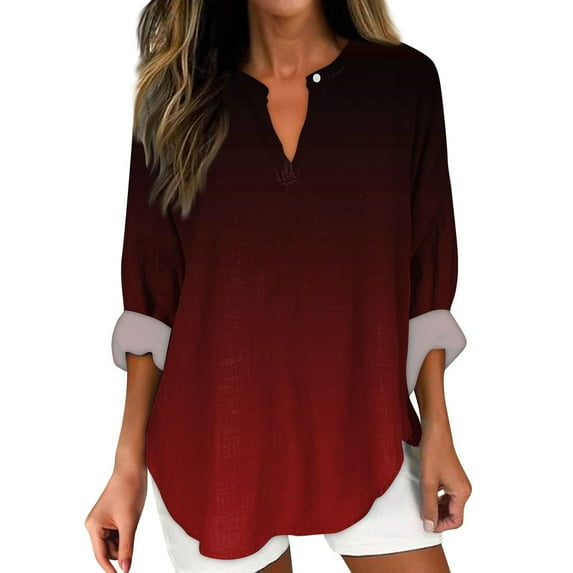 Up to 60% off Womens Tops Long Sleeve Women Classic Gradation Print Shirt V-Neck Roll-Up Sleeve Blouses Tee Tops, Red L