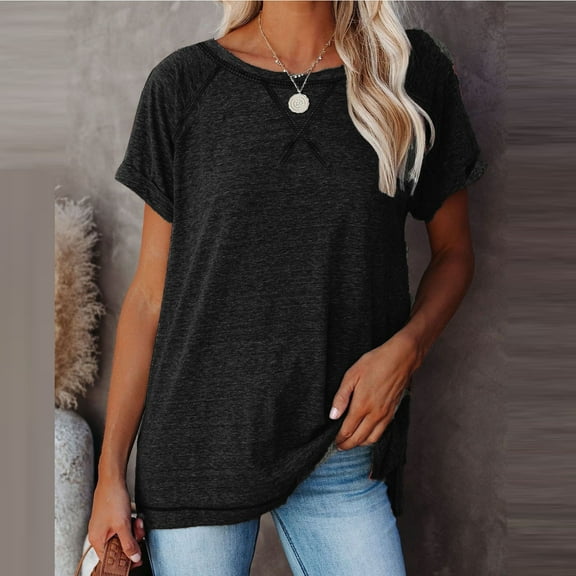 Tbopshirt Womens Top Fashion Womens Leisure Solid Color Short Sleeve Round Neck Casual Loose Tops
