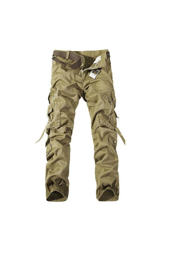 Cargo Pants for Men, Men Drawstring Straight Overalls Outdoor Fitness Pants Long Pants with Multiple Pockets Leisure Khaki S