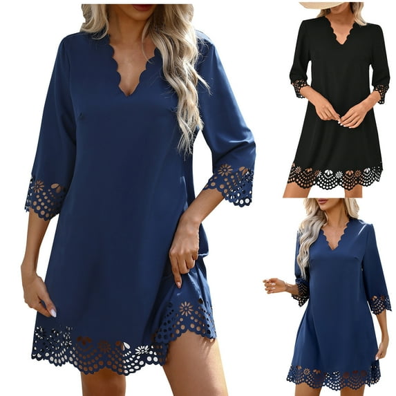 Up to 65% Off Beach Dresses for Women, Women's Casual Summer Dress With Solid Color Lace V-neck And Five-quarter Sleeves