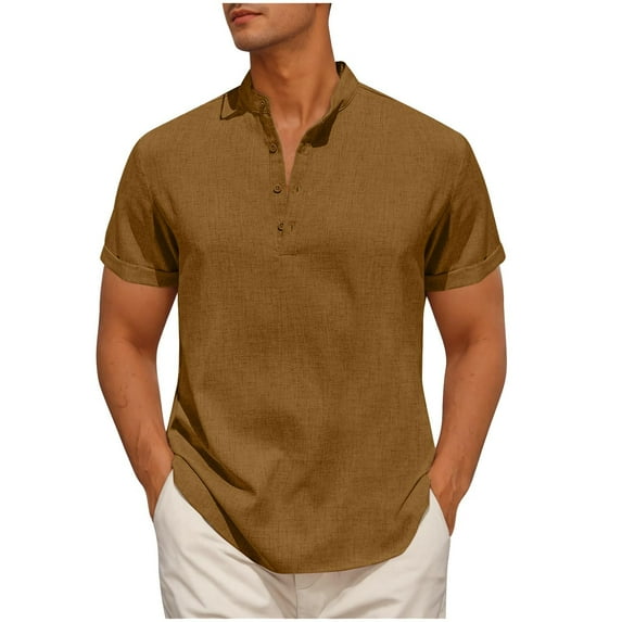 Chiccall Mens Button Cotton Linen Shirts Summer Fashion Short Sleeve Casual Solid Blouse Tops Brown