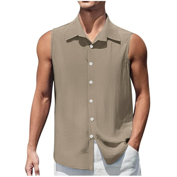 Chiccall Mens Casual Button Down Shirts 2025 Summer Fashion Solid Sleeveless Tank Tops Khaki