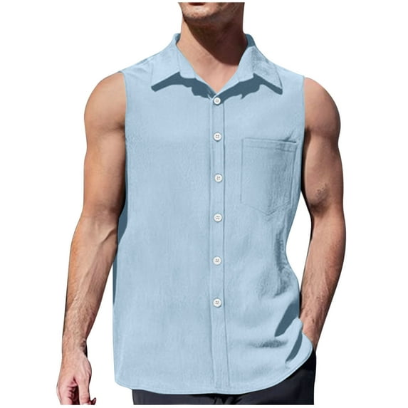 Up to 65% Off!Chiccall Mens Casual Button Down Shirts 2025 Summer Fashion Solid Sleeveless Tank Tops Light Blue