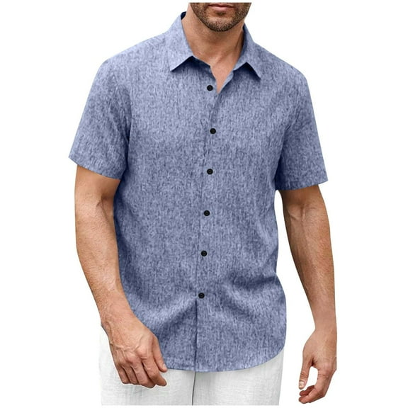 Chiccall Mens Cotton Linen Button Down Shirts Casual Solid Short Sleeve Summer Beach Shirts Tops Blue