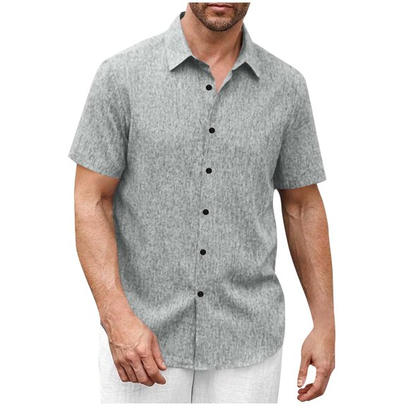 Chiccall Mens Cotton Linen Button Down Shirts Casual Solid Short Sleeve Summer Beach Shirts Tops Gray