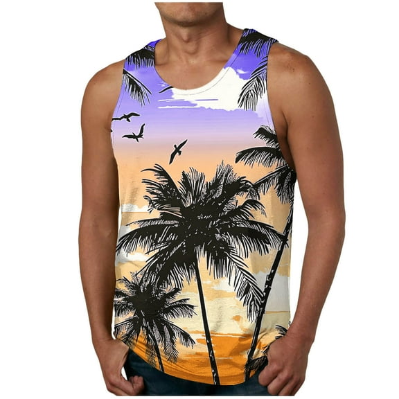 Chiccall Mens Hawaiian Graphic Gym Tank Tops Casual Sleeveless Crew Neck Summer Beach Shirts