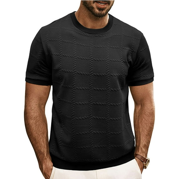 Chiccall Mens Knit T Shirts Casual Short Sleeve Crew Neck Textured Summer Shirt Tops Black