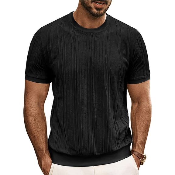 Chiccall Mens Knit T Shirts Casual Short Sleeve Crew Neck Textured Summer Shirt Tops Black