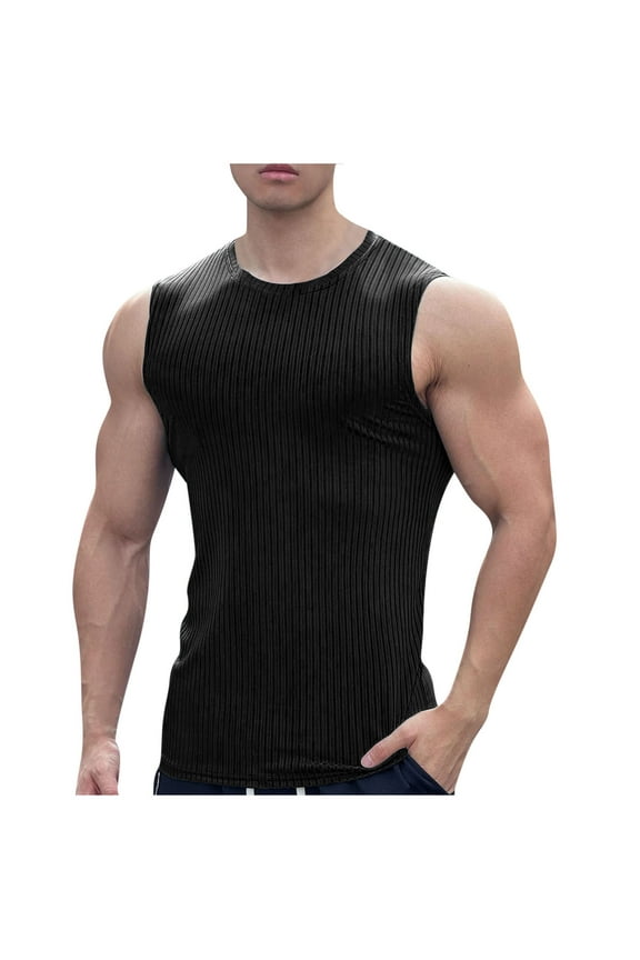 Mens Ribbed Knit Tank Tops Casual Crew Neck Sleeveless Muscle Shirts Basic Undershirts Tank Black
