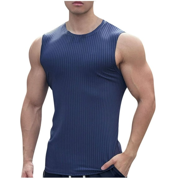 Chiccall Mens Ribbed Knit Tank Tops Casual Crew Neck Sleeveless Muscle Shirts Basic Undershirts Tank Navy