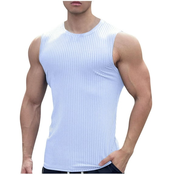 Chiccall Mens Ribbed Knit Tank Tops Casual Crew Neck Sleeveless Muscle Shirts Basic Undershirts Tank White