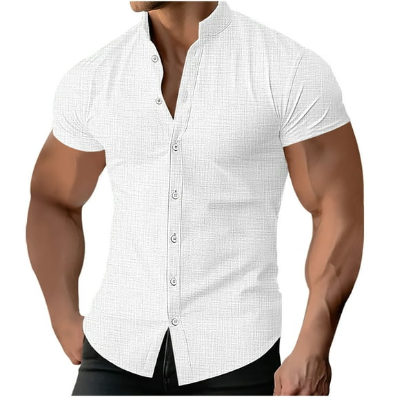 Chiccall Mens Shirts Summer Casual Solid Cotton Linen Button Down Short Sleeve Blouse Tops White