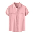 thumbnail image 1 of Chiccall Mens Summer Plus Size Button Down Shirts Cotton Linen Casual Solid Short Sleeve Pockets Loose Tops Pink, 1 of 5