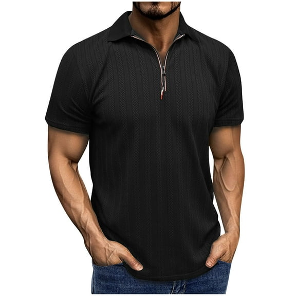 Chiccall Mens Textured Zip-up Shirts Casual Short Sleeve Solid Summer Tops Black