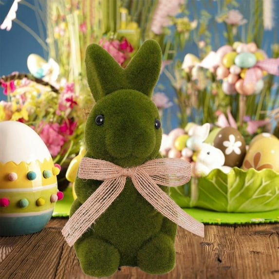 Up to 65% Off Easter Flocked Bunny With Bow Home Decor Green Tabletop Ornament Easter Decorations