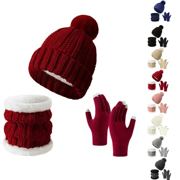 European And American Winter Knitted Warm Gloves Hats Scarves Three Piece Set with Thick Velvet And Hat Family Gifts