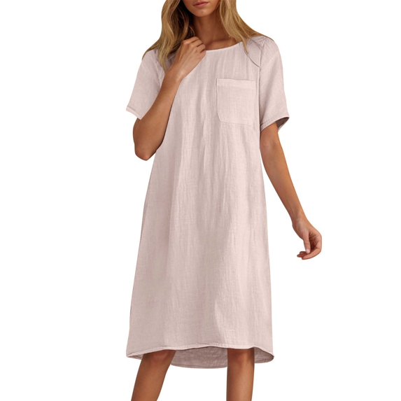 Up to 65% Off! Fmbrln Womens Plus Size Summer Linen Short Sleeve Midi Dress Fashion Crew Neck Casual Loose Lightweight Beach Sundress with Pockets