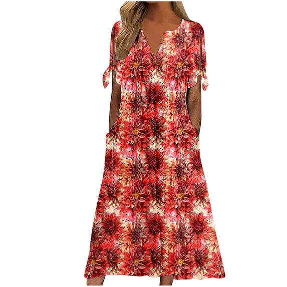 Up to 65% Off ! Fmbrln Womens Summer Floral Dress Button V Neck Short Sleeve Pleated Flowy Long Dress Casual Loose Sun Dress with Pockets
