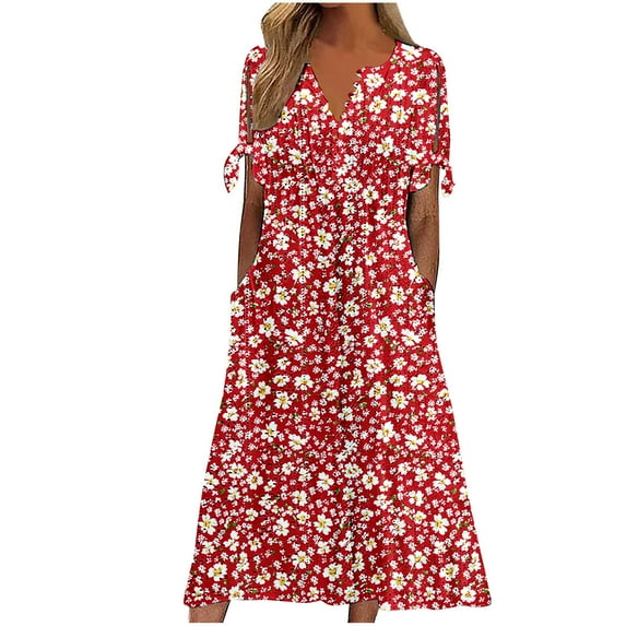 Up to 65% Off ! Fmbrln Womens Summer Floral Dress Button V Neck Short Sleeve Pleated Flowy Long Dress Casual Loose Sun Dress with Pockets