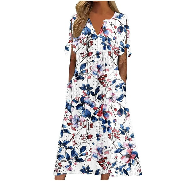 Up to 65% Off ! Fmbrln Womens Summer Floral Dress Button V Neck Short Sleeve Pleated Flowy Long Dress Casual Loose Sun Dress with Pockets