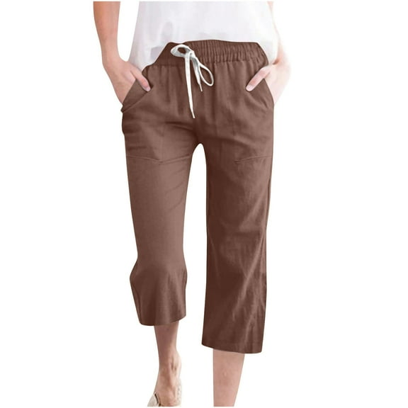 Up to 65% Off! Fmbrln Womens Summer Linen Capri Pants Fashion Casual Elastic Waist Drawstring Wide Leg Pants with Pockets Lounge Vacation Beach Pants