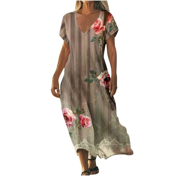 Up to 65% Off! Fmbrln Womens Summer Short Sleeve Boho Long Dress Fashion V Neck Vintage Print Flowy Maxi Dress Casual Loose Holiday Beach Sundress