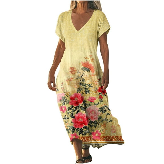 Up to 65% Off! Fmbrln Womens Summer Short Sleeve Boho Long Dress Fashion V Neck Vintage Print Flowy Maxi Dress Casual Loose Holiday Beach Sundress