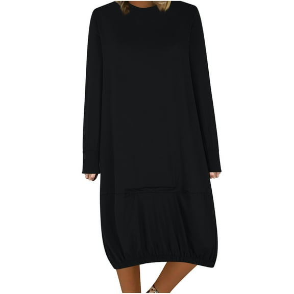 Up to 65% Off Long Sleeves Dresses, Women's Casual Solid Color Long Sleeved Round Neck Dress Black, 5XL