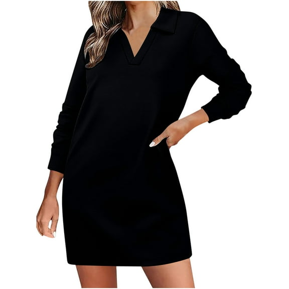 Up to 65% Off Long Sleeves Dresses, Women's Long Sleeved Lapel V-neck Sportswear Loose Solid Color Dress Black, 3XL
