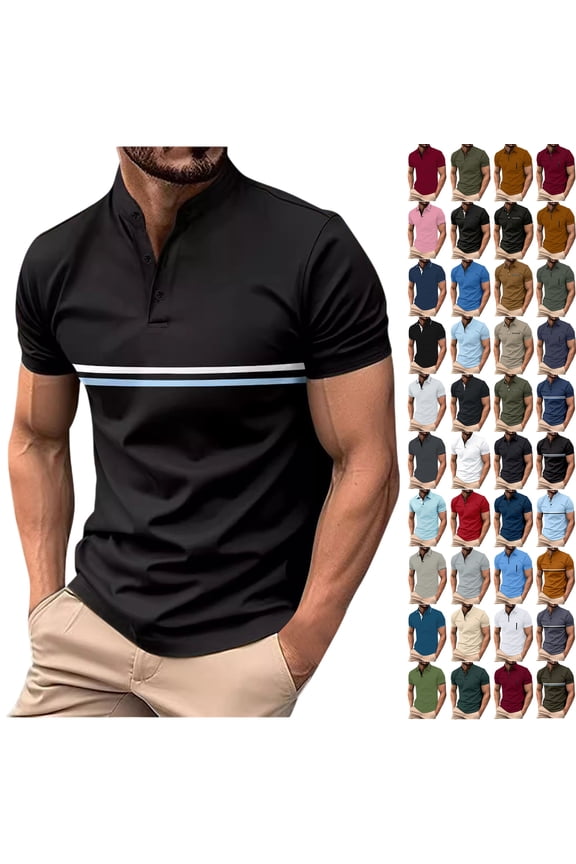 Mens Clothes, Men Solid Color Casual Fashion Button Round Neck Short Sleeve T-shirt Top 2XL, Black