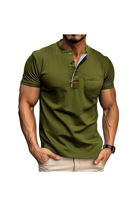 Up to 65% Off Mens Shirts Casual, Man Fashion Leisure Solid Color Button Round Neck Short Sleeve XL, Army Green