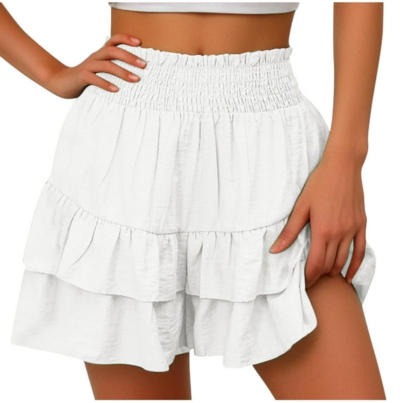 Fashion Olyvenn Women's Ruffle Hem Skirts High Waist Solid Color Pleated A-Line Mini Skirt Summer Beach Flowy Skater Skirt with Lining White 8