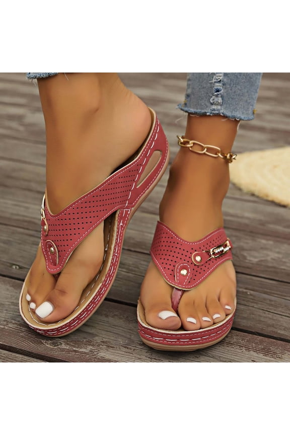 Sandals for Women Spring Summer New Large Size Sandals Beach Metal Button Wedge Casual Sandals