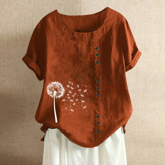 Up to 65% Off Short Sleeve Shirts for Women, Fashion Woman Rounk Neck Short Sleeve Blouse T-Shirt Printing Loose Tops Coffee S