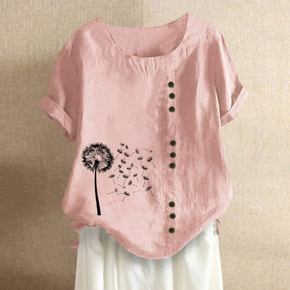 Up to 65% Off Short Sleeve Shirts for Women, Fashion Woman Rounk Neck Short Sleeve Blouse T-Shirt Printing Loose Tops Pink S
